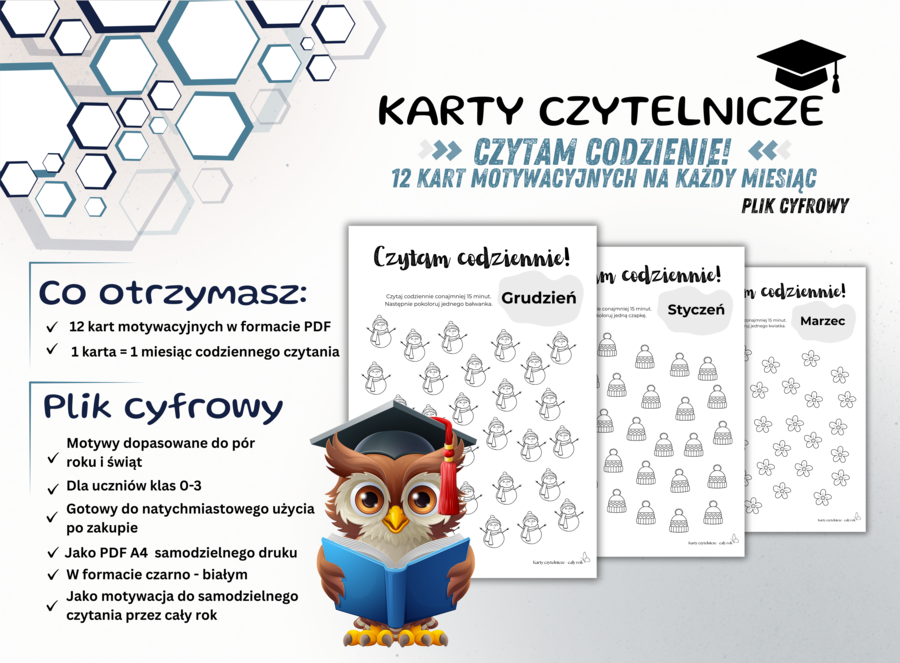 Motywacyjne karty czytelnicze „Czytam codziennie!” – 12 kart na cały rok (PDF do druku)