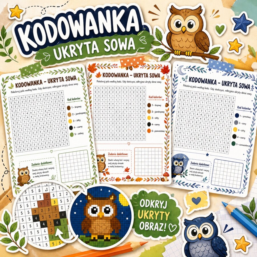 Kodowanka. Ukryta sowa.