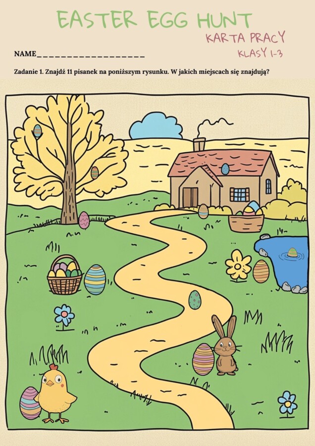 WIELKANOCNA KARTA PRACY- EASTER WORKSHEET_KLASY 1-3: EASTER EGG HUNT, ćwiczenie znajomość kolorów oraz przyimków miejsca, rysowanie własnej pisanki+ ODPOWIEDZI