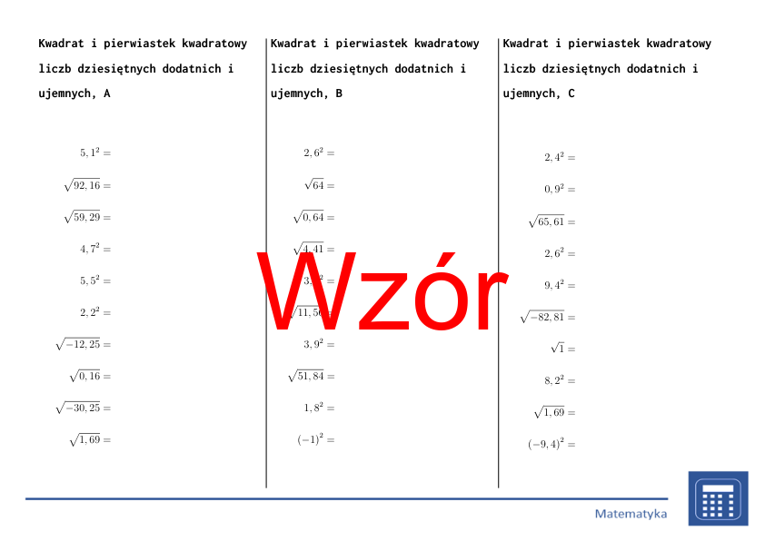 Kwadrat i pierwiastek kwadratowy liczb dziesiętnych dodatnich i ujemnych | matematyka | 26 kolumn