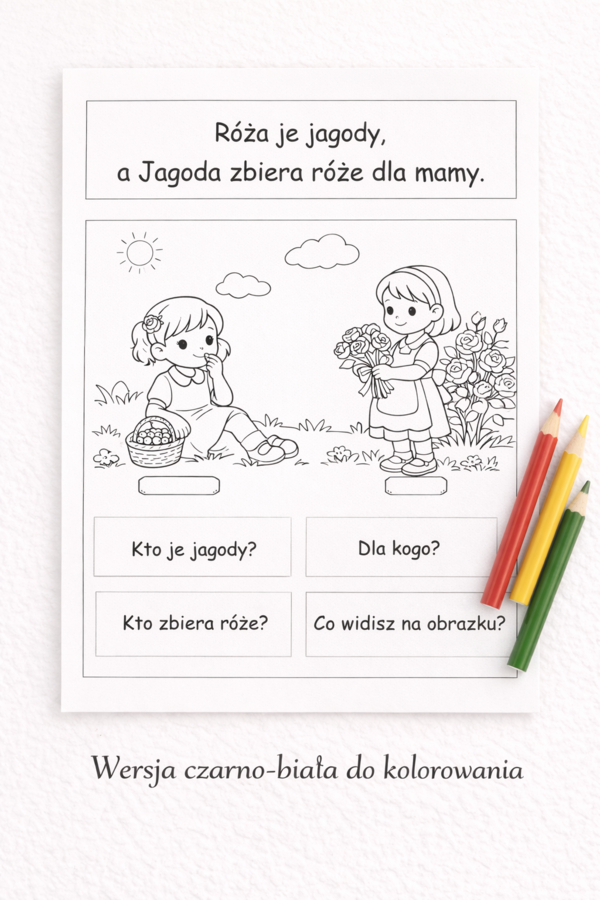 Karta wprowadzająca „Róża je jagody, a Jagoda zbiera róże dla mamy”