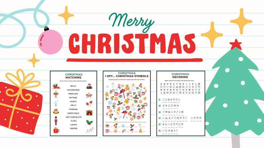 CHRISTMAS MEGA PACK – zestaw gier, kart pracy i aktywności świątecznych dla klas 1–3 | Christmas Worksheets (wykreślanki, kodowanie, krzyżówka, kolorowanki, gry typu memory, domino, Ja mam... Kto ma...i WIĘCEJ!)