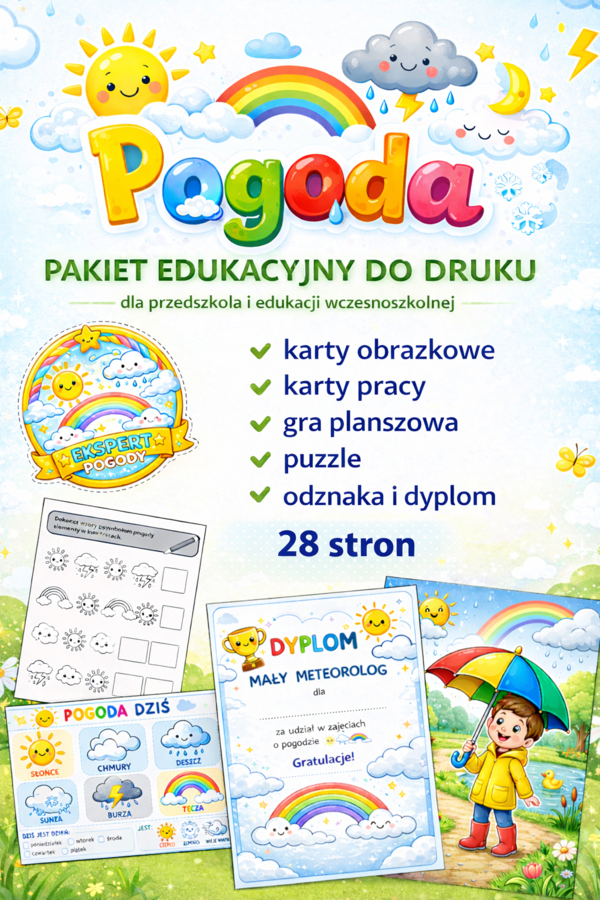 Pogoda – pakiet edukacyjny do druku (28 stron) | karty obrazkowe, karty pracy, gra, puzzle, dyplom, odznaka