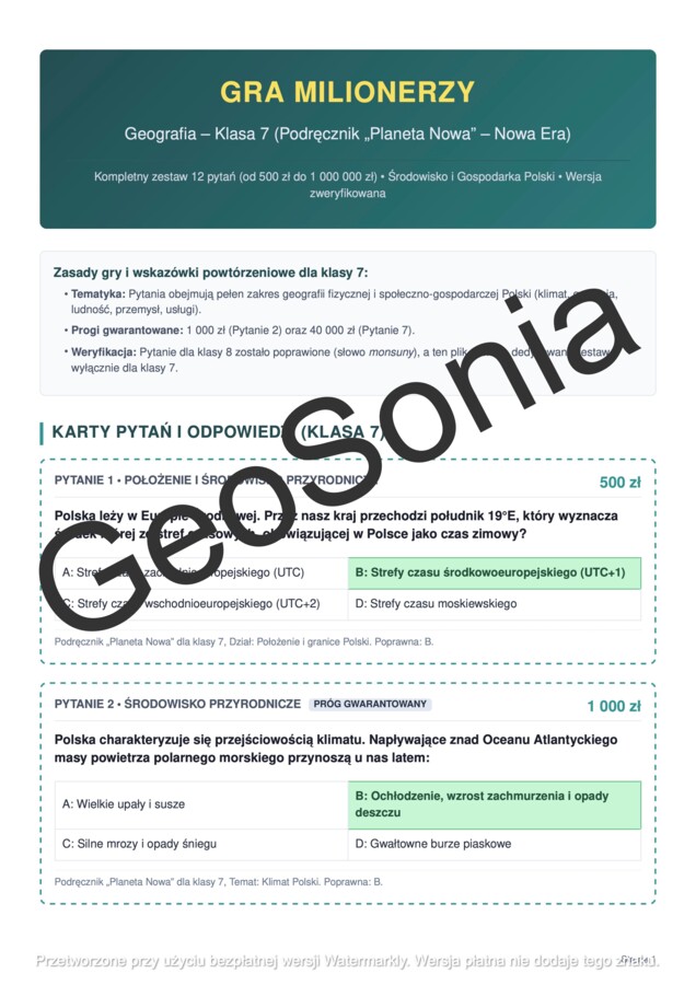 Milionerzy geografia klasa 7