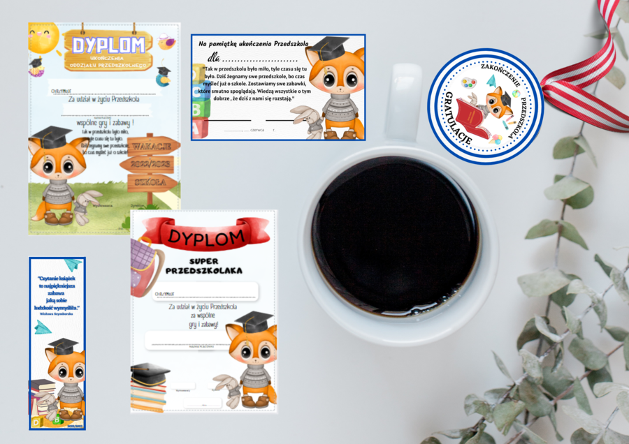 Pakiet dyplomów na zakończenie z różnymi postaciami