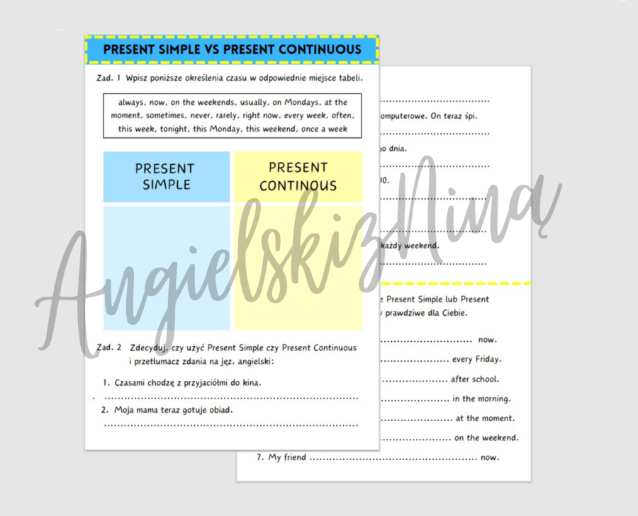 Present Simple vs Present Continuous - określenia czasu - karta pracy ćwiczenia karta pracy powtórka egzamin ósmoklasisty angielski