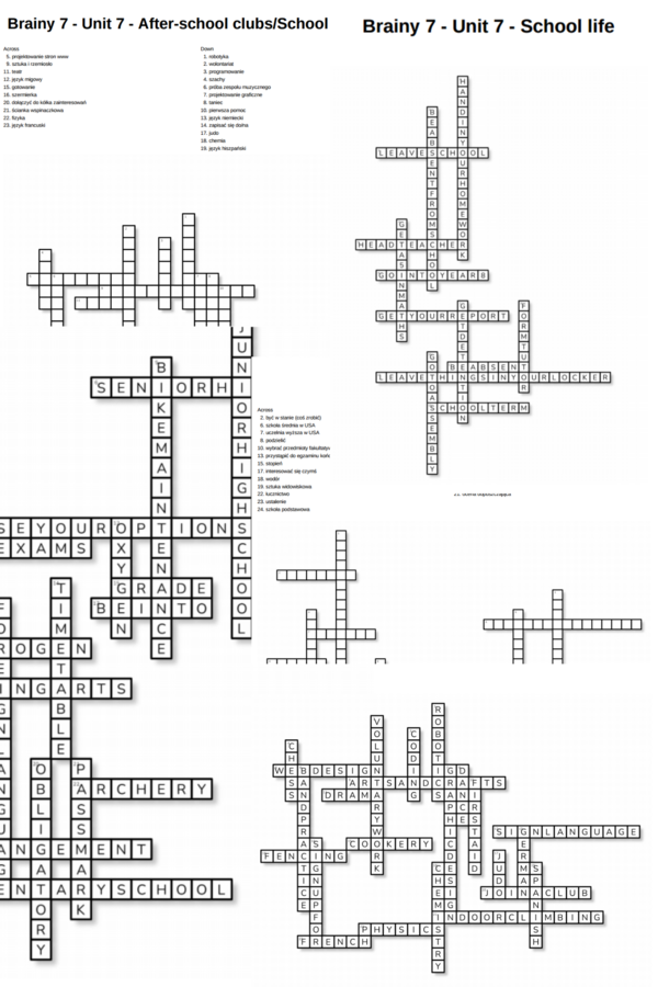 Brainy 7 – Unit 7 – krzyżówki – After-school clubs_School subjects/Other/School life