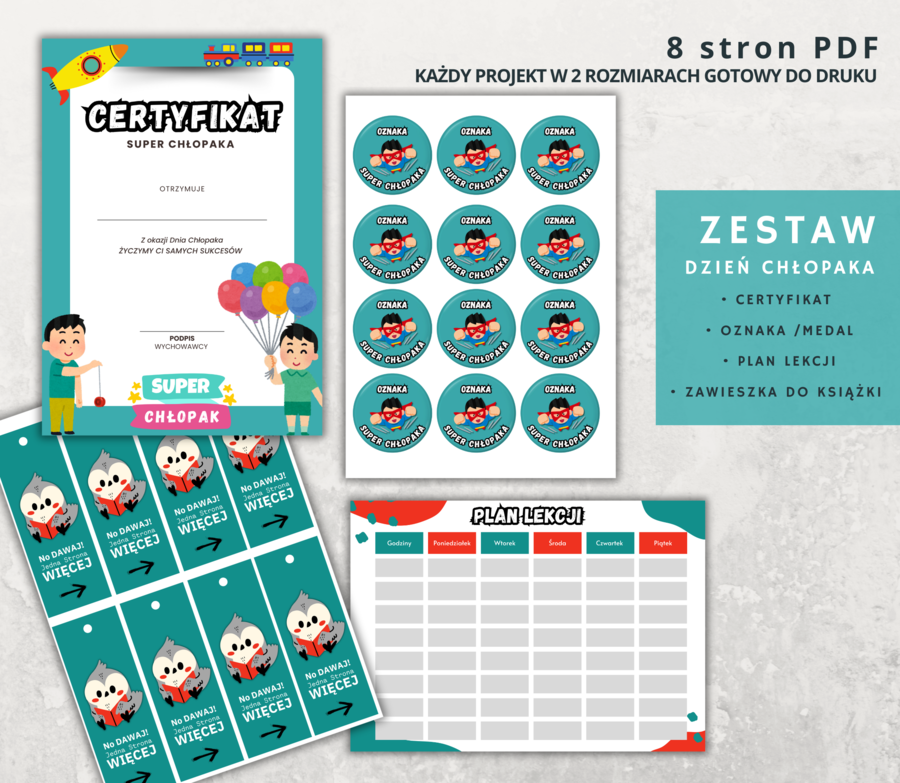 Zestaw na DZIEŃ CHŁOPAKA : Certyfikat, Oznaka, Plan Lekcji, Zawieszka do Książki🩵