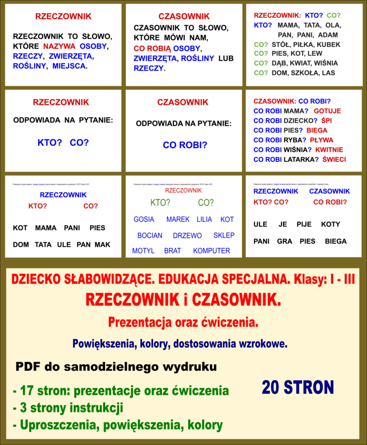 DZIECKO SŁABOWIDZĄCE. EDUKACJA SPECJALNA. Klasy: I - III RZECZOWNIK i CZASOWNIK. Prezentacja oraz ćwiczenia. Powiększenia, kolory, dostosowania wzrokowe.