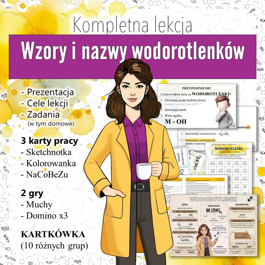 ZESTAW! Wodorotlenki: Wzory i nazwy wodorotlenków - Prezentacja, Sketchnotka, Kolorowanka (chemia, kl 7).