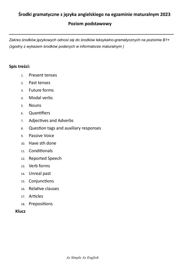 Gramatyka języka angielskiego. Matura formuła 2026  poziom podstawowy.