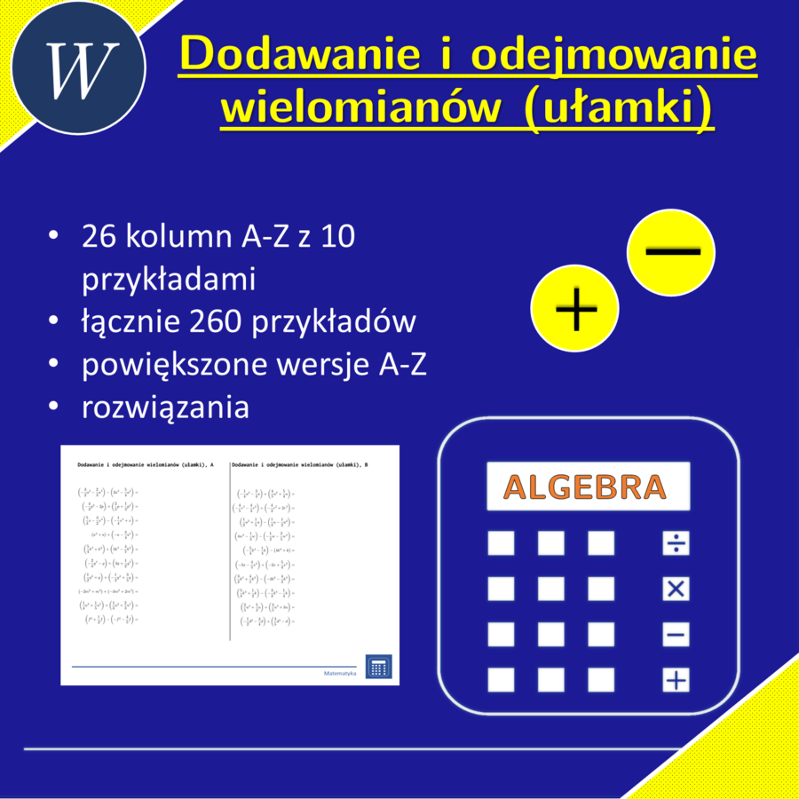 Dodawanie i odejmowanie wielomianów (ułamki) | matematyka, algebra | 26 kolumn