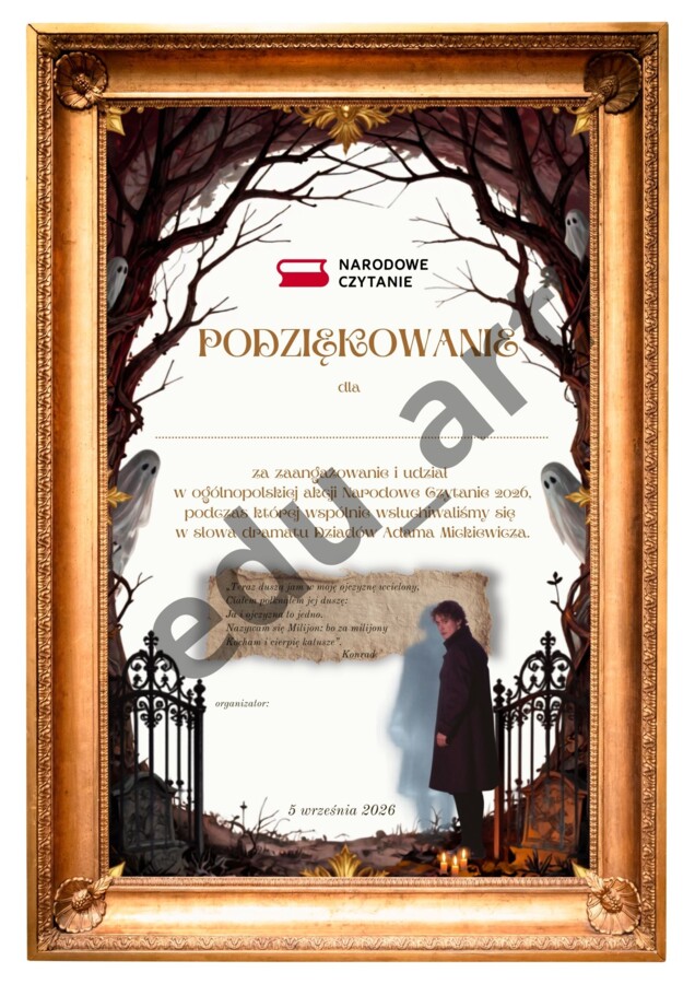 Narodowe Czytanie 2026 – Podziękowanie / Dyplom za udział („Dziady” A. Mickiewicza)