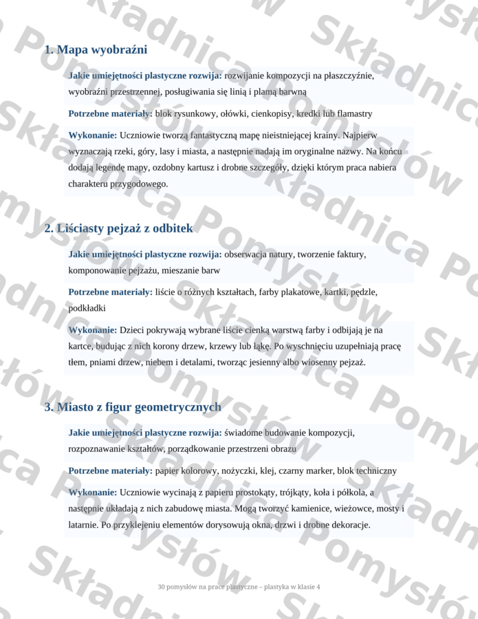 30 POMYSŁÓW NA PRACE PLASTYCZNE - plastyka - klasa 4; bank inspiracji; pomysły na zajęcia plastyczne