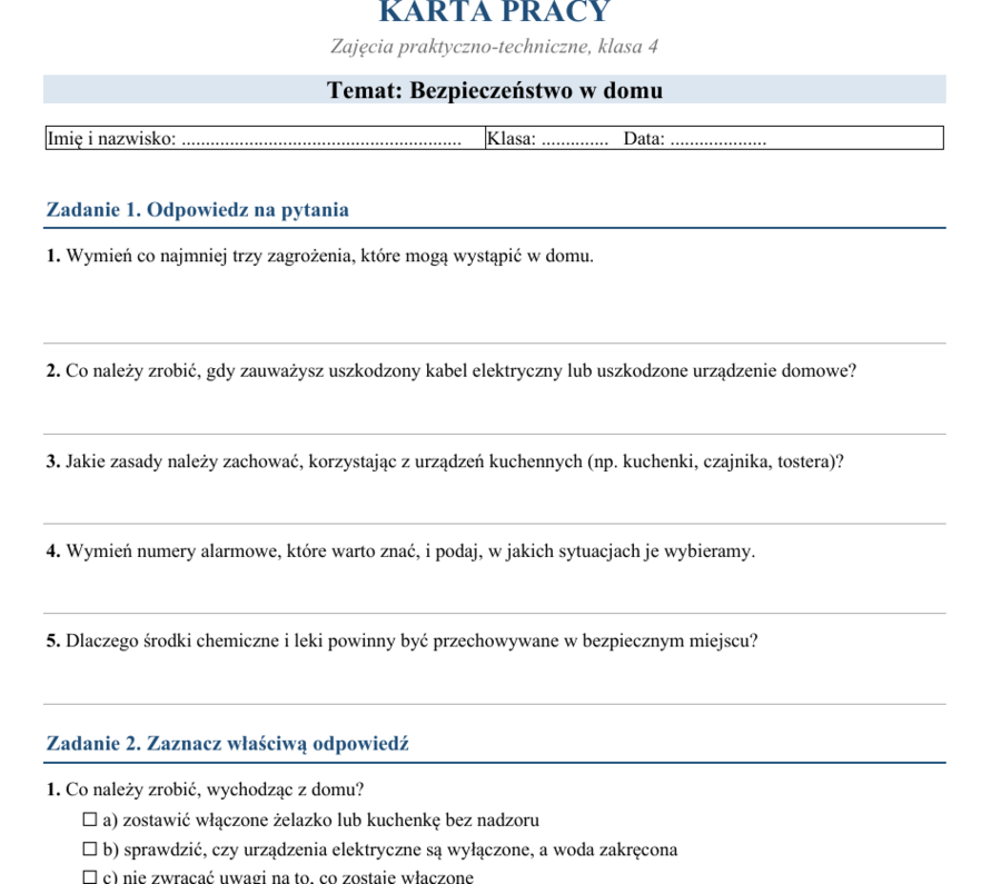 ZESTAW KART0 PRACY NA CAŁY ROK  – ZAJĘCIA PRAKTYCZNO-TECHNICZNE, KLASA 4 🔧