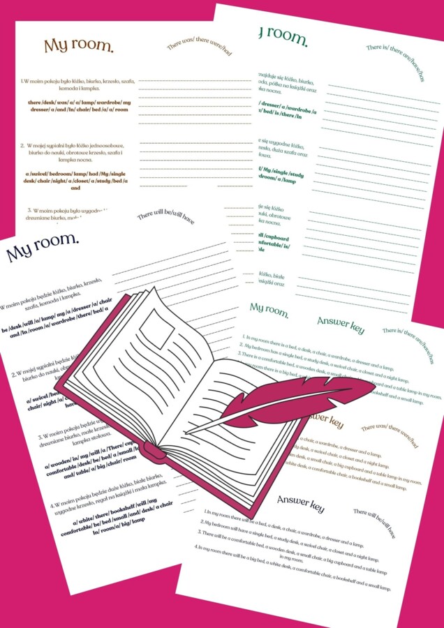 E8 writing My backpack, My area, My bedroom/ There is/ There are/Present  simple/ Past simple/ Future simple