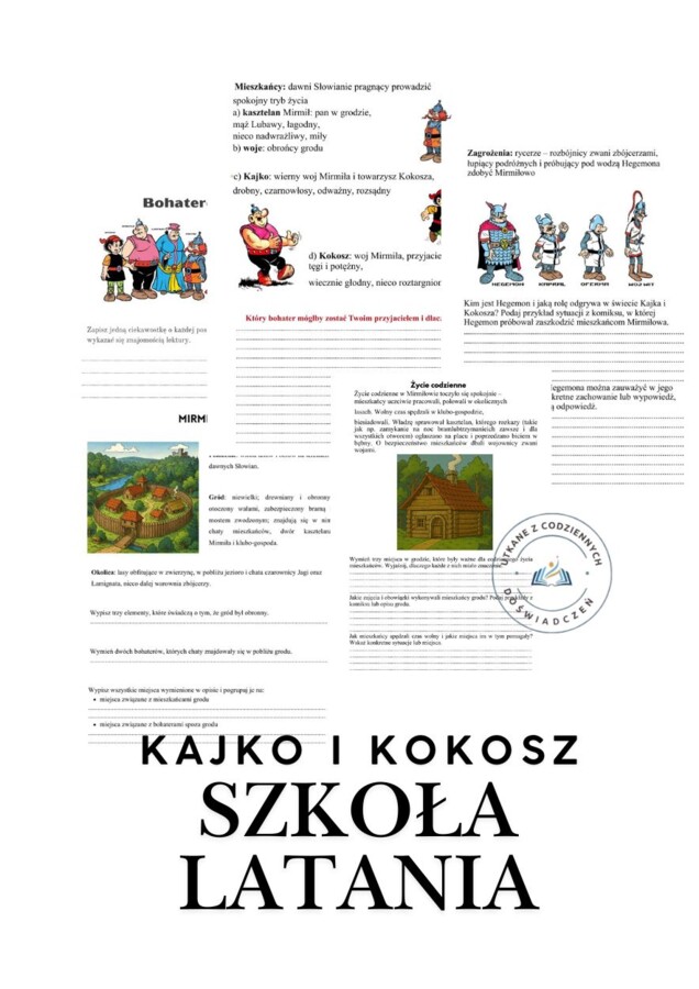 Zestaw 5 kart pracy do komiksu Kajko i Kokosz. Szkoła latania