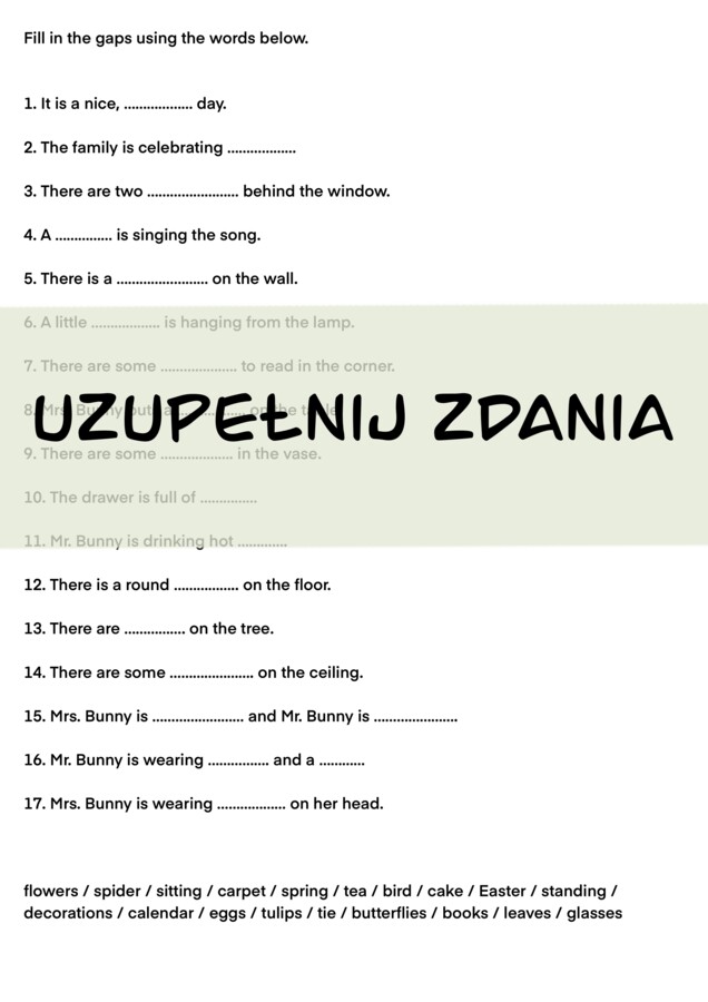 Wiosenna kolorowanka i tekst z lukami do uzupełnienia