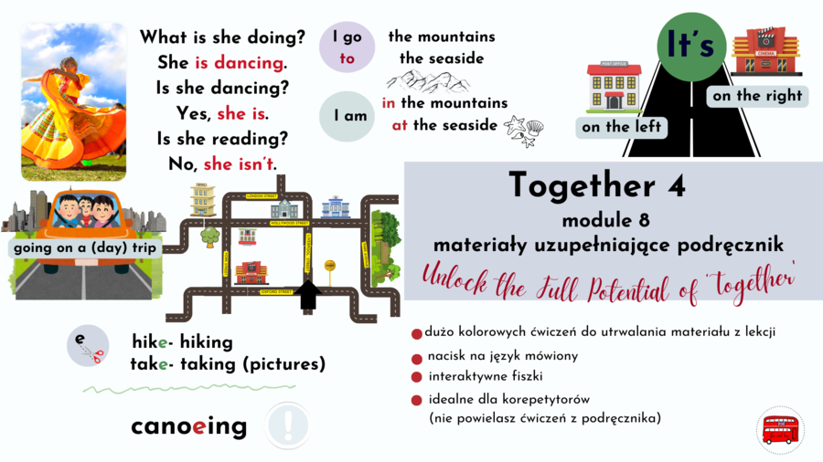 Together 4, unit 8, materiały rozszerzające, places in a town, directions, Present Continuous