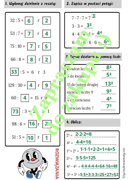 Dzielenie z resztą, kwadraty i sześciany liczb - karta pracy.