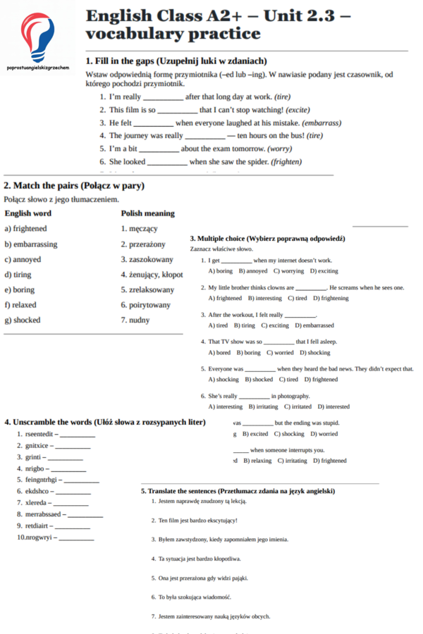 English Class A2+ – Unit 2.3 – vocabulary practice