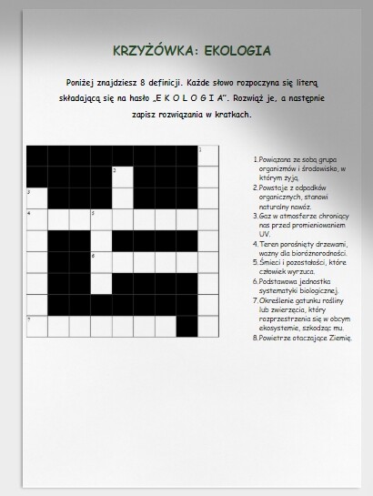 Zagadki i krzyżówki na temat ekosystemów, ochrony przyrody, recyklingu.