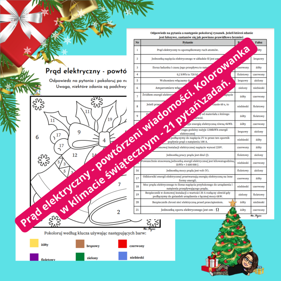 Fizyka. Kl 7,8 . Prąd elektryczny - powtórzenie. Kolorowanka w świątecznym klimacie. 21 zadań/pytań prawda/fałsz.