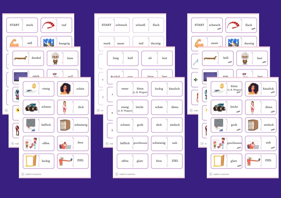 Niemiecki: Przymiotniki; 3 zestawy DOMINO; poziom A1/A2