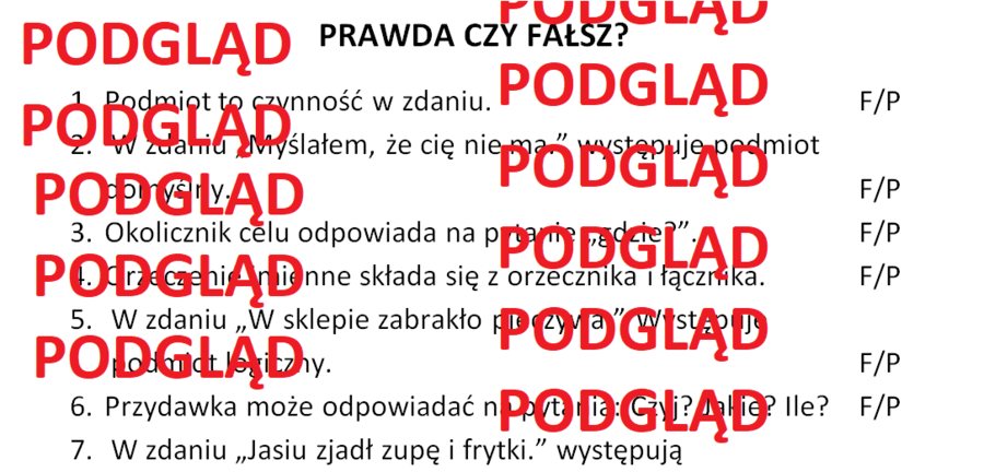 Części zdania - kartkówka, karta pracy