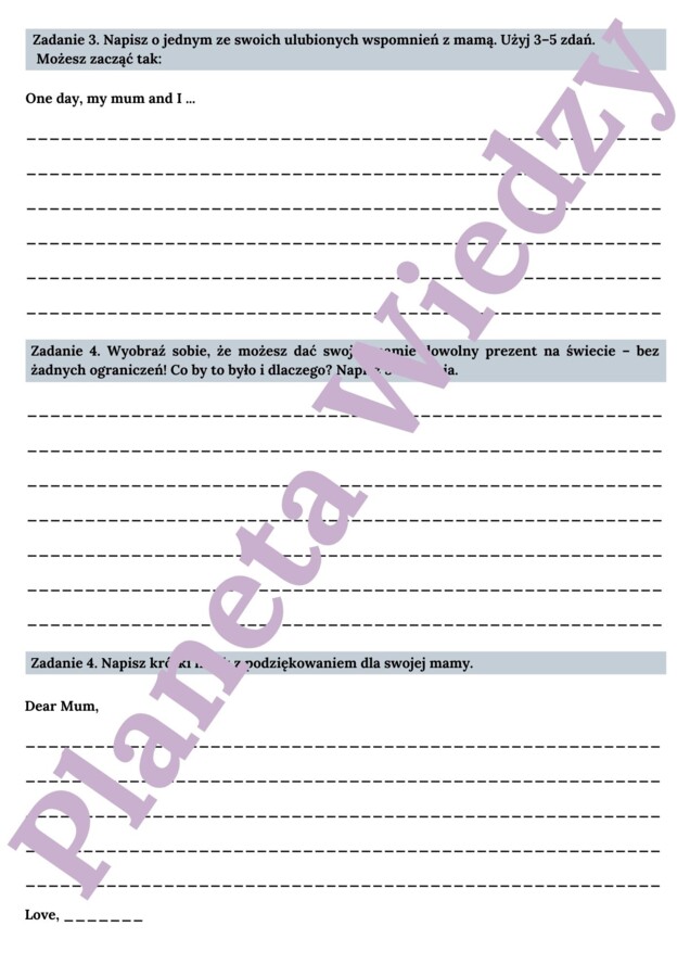 KARTA PRACY NA DZIEŃ MAMY - MOTHER'S DAY WORKSHEET, KLASY 4-8 SZKOŁY PODSTAWOWEJ- wykreślanka, ćwiczenia znajomości przymiotników i zdań opisujących, zadania pisemne