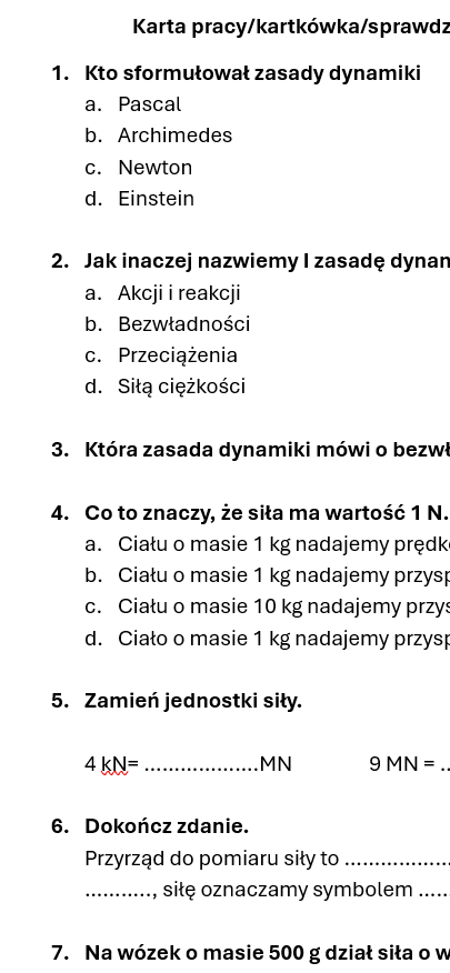 karta pracy/kartkówka/sprawdzian I, II, III zasada dynamiki.