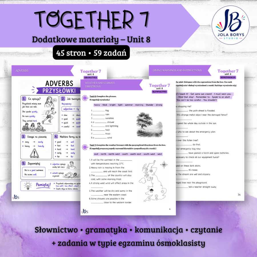 Together 7 Unit 8: Sunny Days – materiały dodatkowe: słownictwo, gramatyka, komunikacja, czytanie, E8 – karty pracy, ćwiczenia