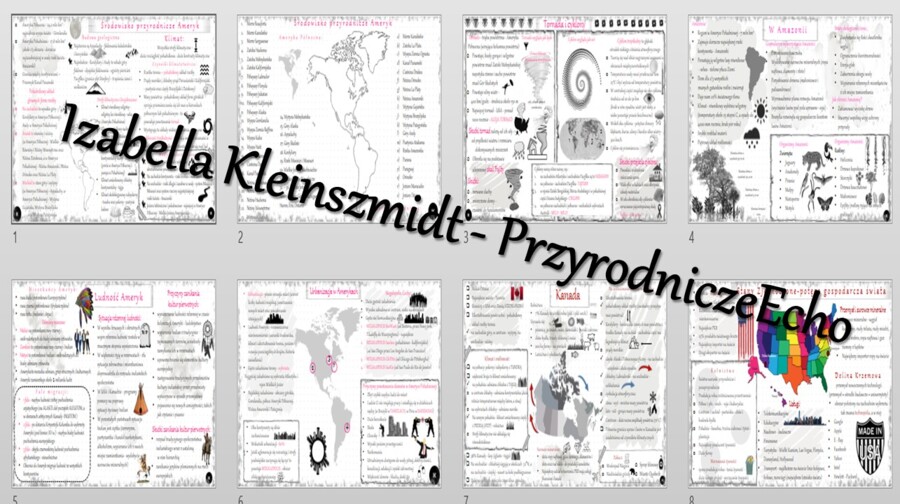 Zestaw sketchnotek – notatek do całego działu „Ameryki” wykonanych w power point do edycji. Geografia 8