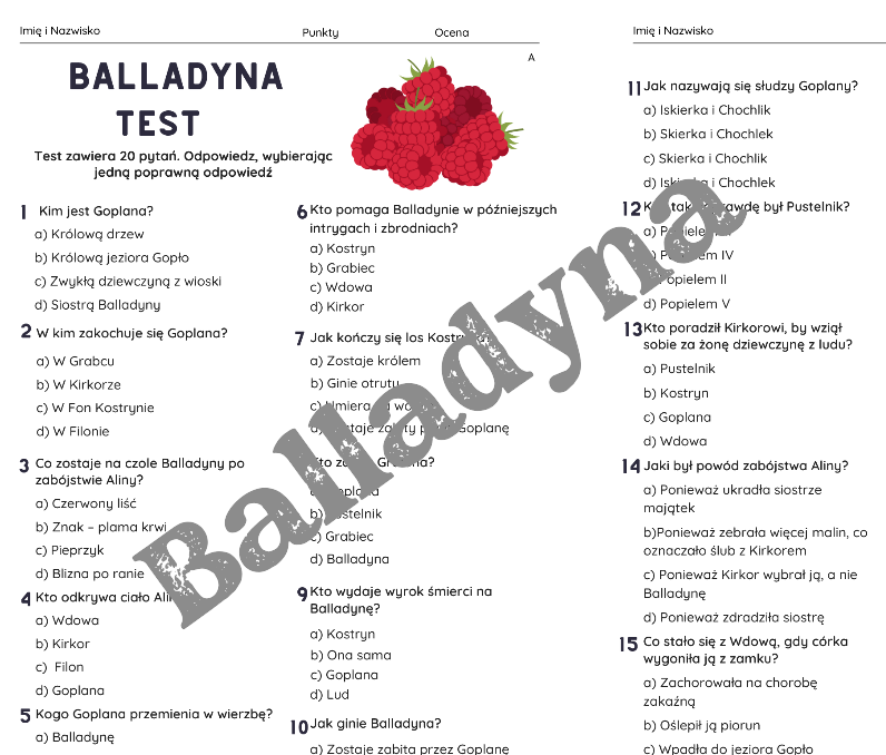 "Balladyna" Juliusza Słowackiego - test znajomości lektury
