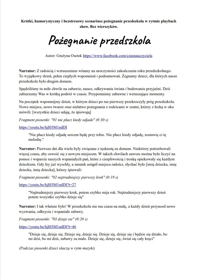 Pożegnanie przedszkola. Krótki scenariusz. Piosenka mp3 "Pożegnanie przedszkola".