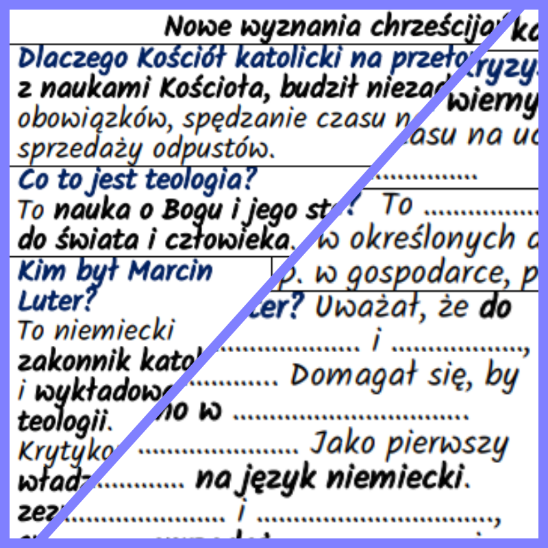 Nowe wyznania chrześcijańskie: europejska reformacja. Notatki i karta pracy