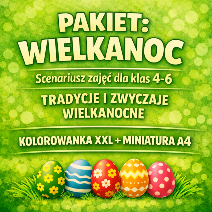 Pakiet: WIELKANOC - scenariusz zajęć (klasy 4-8) + kolorowanka XXL (6xA4) + miniatura A4; plakat; dekoracja; gazetka; karta pracy; godzina wychowawcza
