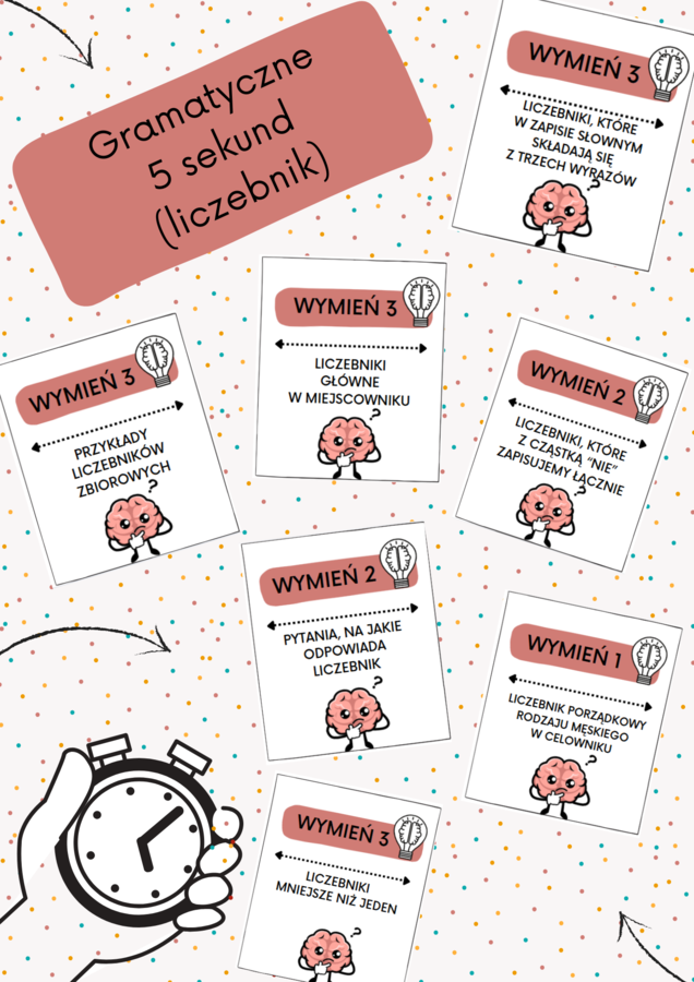 ZESTAW - gramatyczne 5 sekund (rzeczownik, czasownik, przymiotnik, liczebnik, przysłówek)