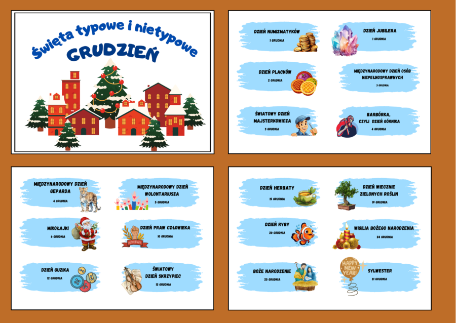 ŚWIĘTA TYPOWE I NIETYPOWE – GRUDZIEŃ – napisy – gazetka – dekoracja – BIBLIOTEKA – świetlica – przedszkole