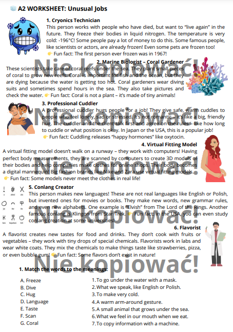 Karta Pracy/Czytanka "Unusual Jobs" poziom A2