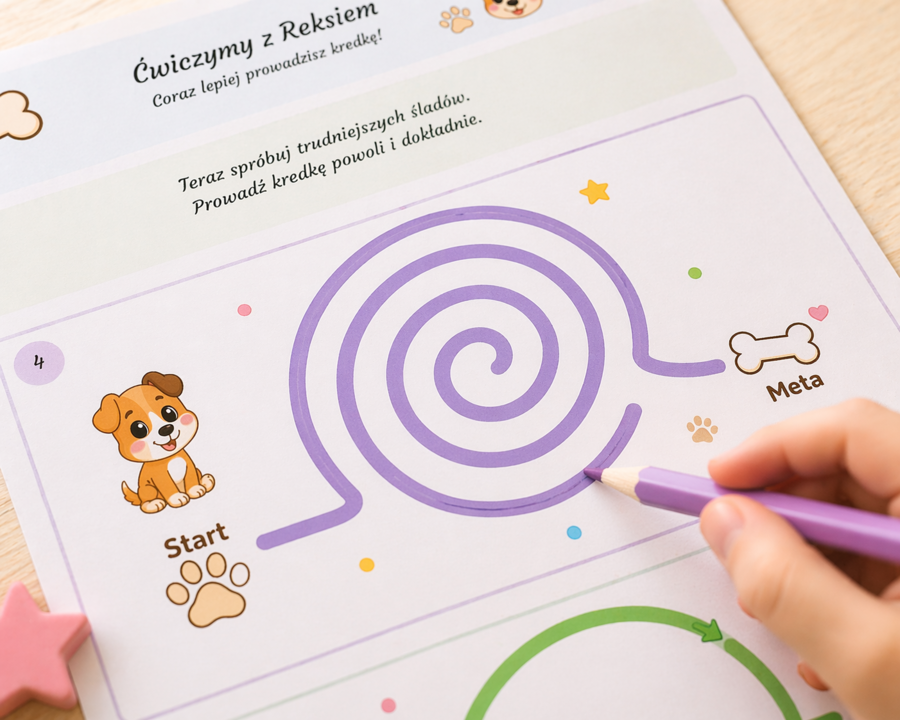 Ślady łapek Reksia – ćwiczenie grafomotoryczne