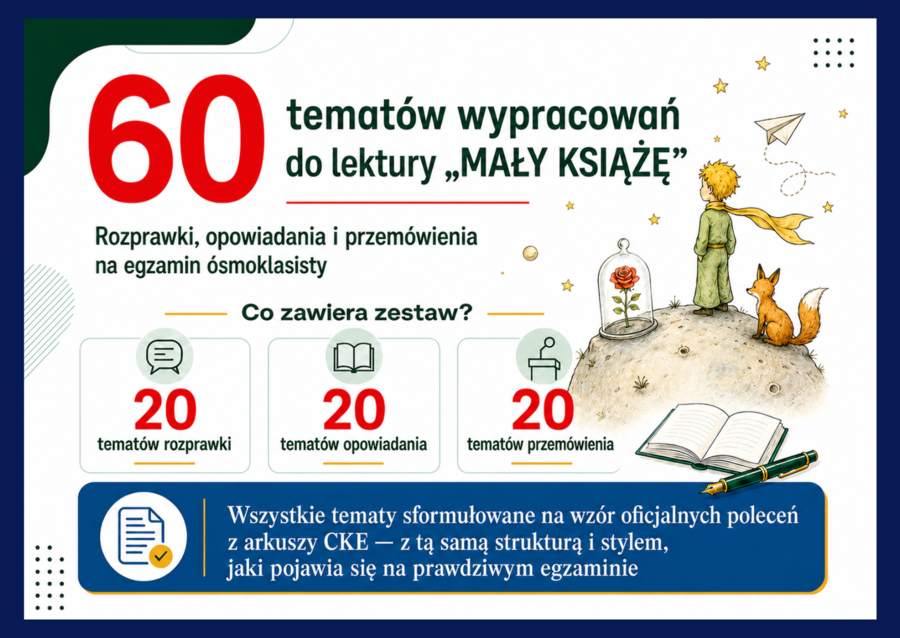 ✒️60 tematów wypracowań do lektury - MAŁY KSIĄŻĘ - Rozprawka, opowiadanie i przemówienie - egzamin ósmoklasisty