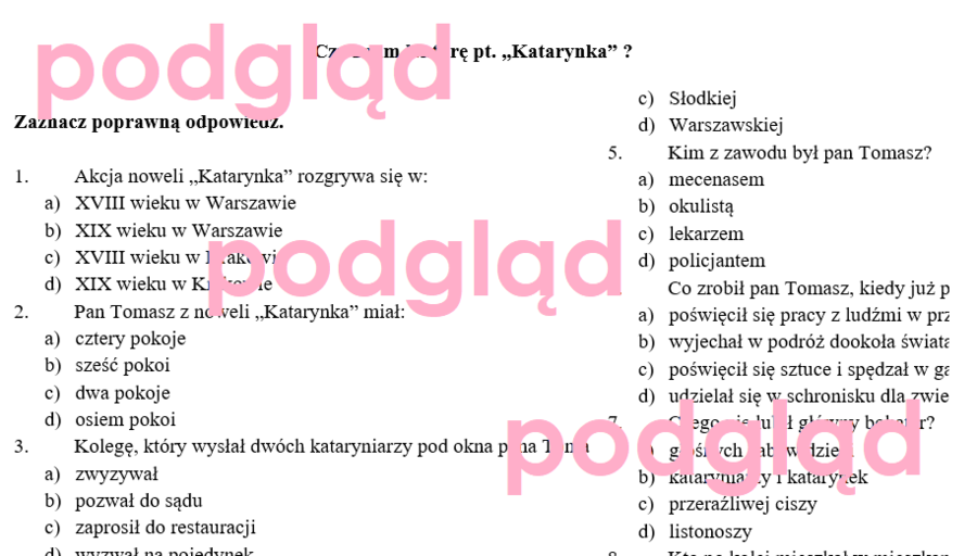 KATARYNKA - test, kartkówka + klucz odpowiedzi