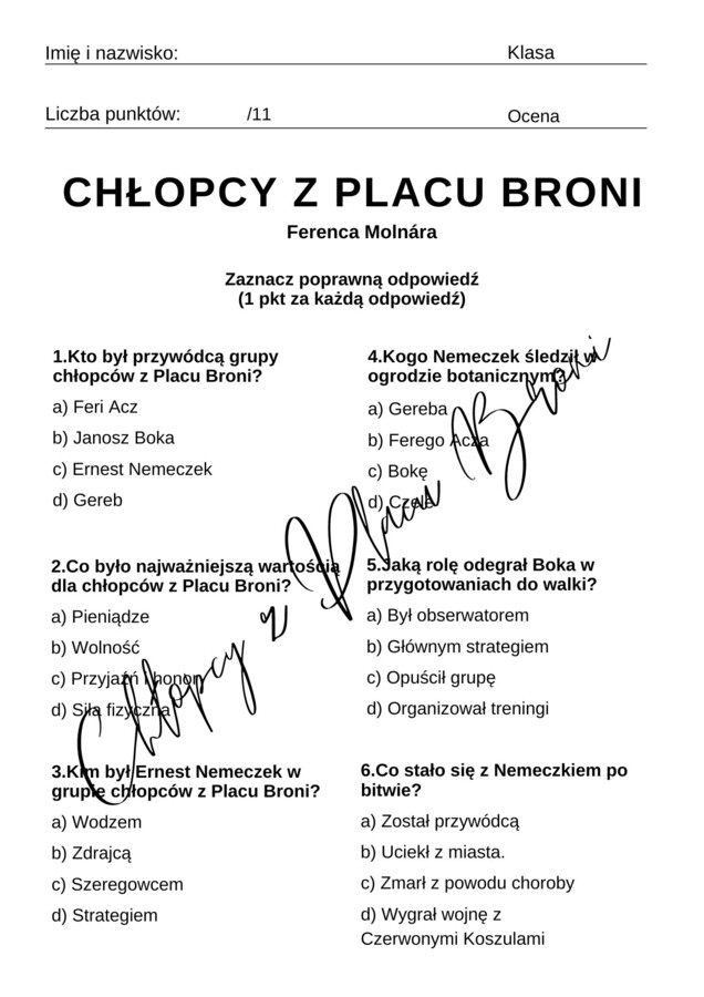 Chłopcy z Placu Broni - Ferenca Molnára - kartkówka