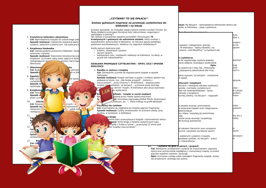 „CZYTANIE? TO SIĘ OPŁACA!” - Zestaw gotowych 75 inspiracji na promocję czytelnictwa w bibliotece i na lekcje - BIBLIOTEKA - język polski - czytanie - pomysły