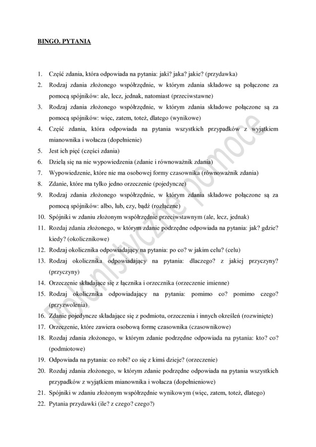 Wypowiedzenia - składnia. Gra Bingo