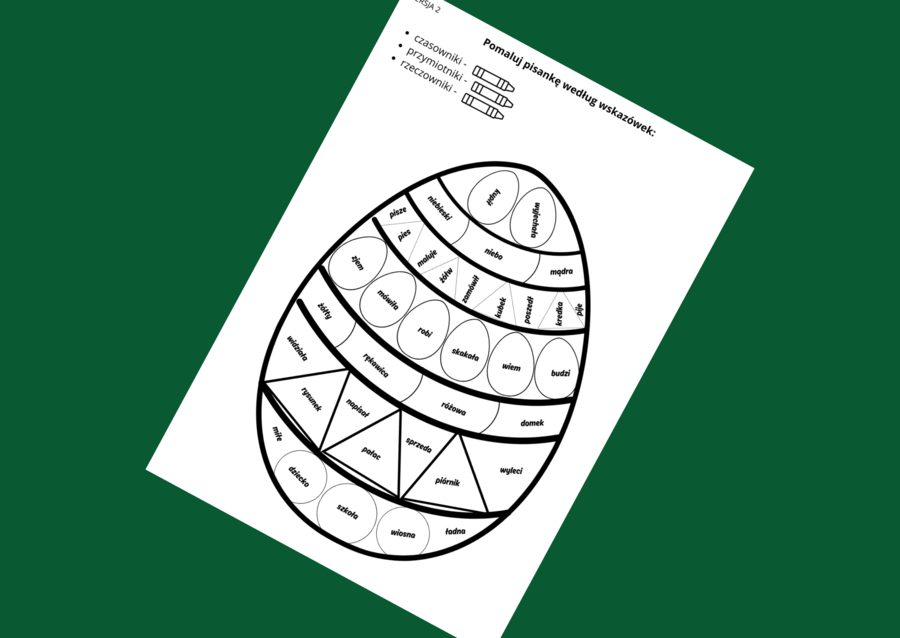 WIELKANOCNA kolorowanka gramatyczna wersja 2 - Wielkanoc - gramatyka - części mowy - czasownik - rzeczownik - przymiotnik