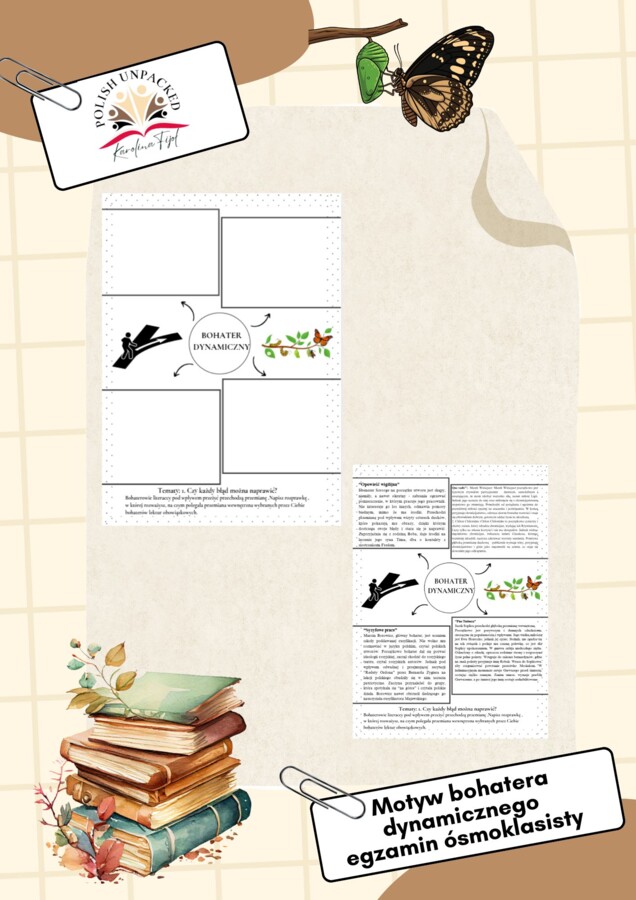 Motyw bohatera dynamicznego + odpowiedzi, egzamin ósmoklasisty, rozprawka
