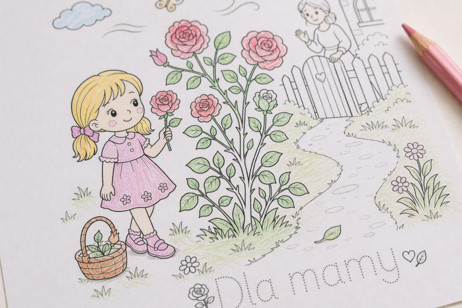 Kolorowanka „Jagoda zbiera róże dla mamy”