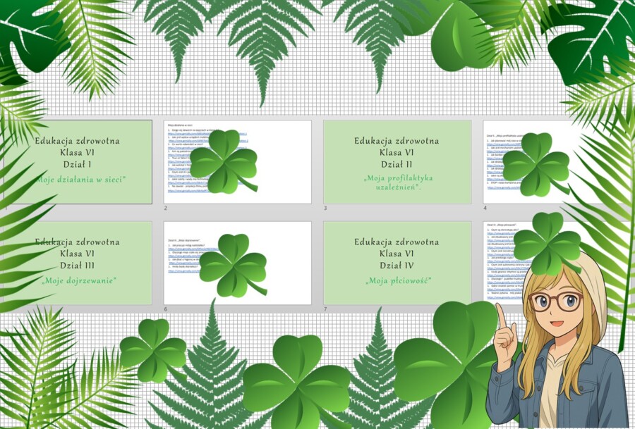 Duży (całoroczny) zestaw na lekcje do edukacji zdrowotnej w klasie 6. Zestaw zawiera prezentacje multimedialne (treści z lekcji oraz pomysł na lekcję krok po kroku) w pdf. Edukacja zdrowotna. Klasa 6.